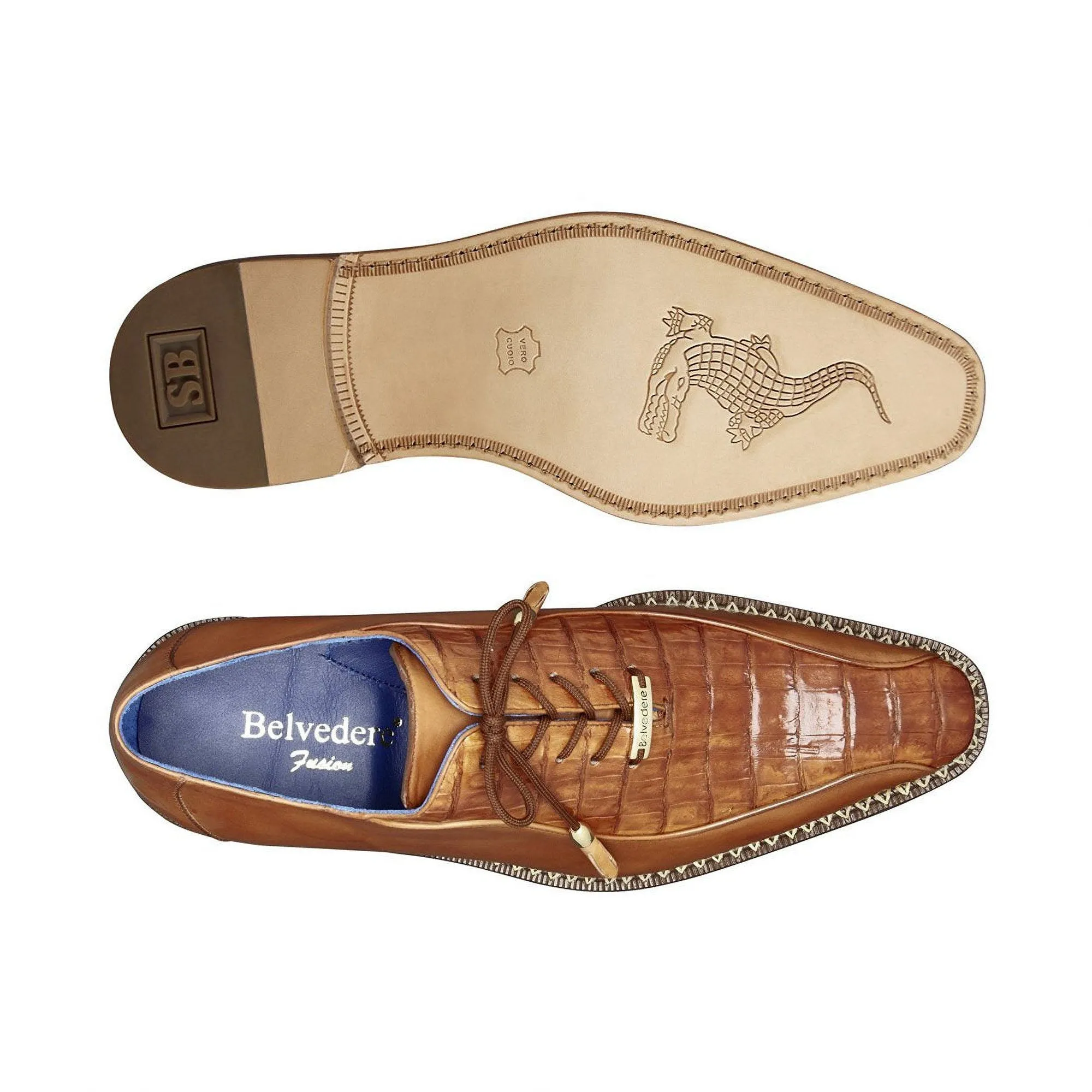 Belvedere Gabriele in Brandy Caiman Crocodile & Calf-Skin Leather Oxfords