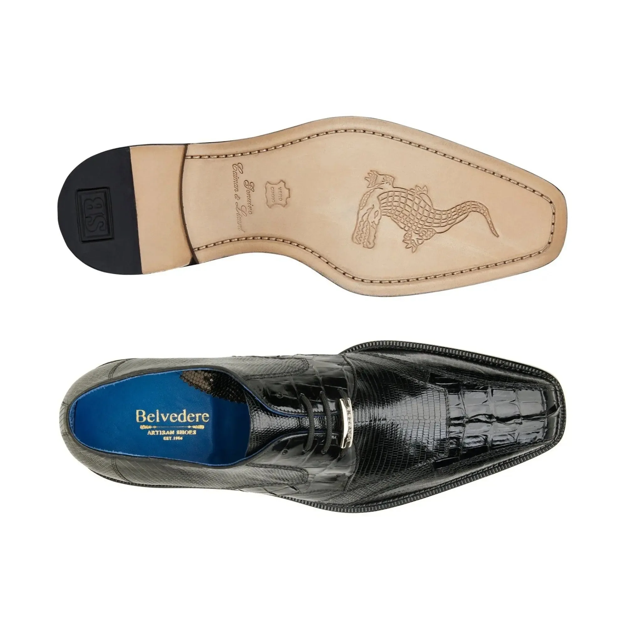 Belvedere Valter in Black Genuine Caiman Croc & Lizard Oxfords