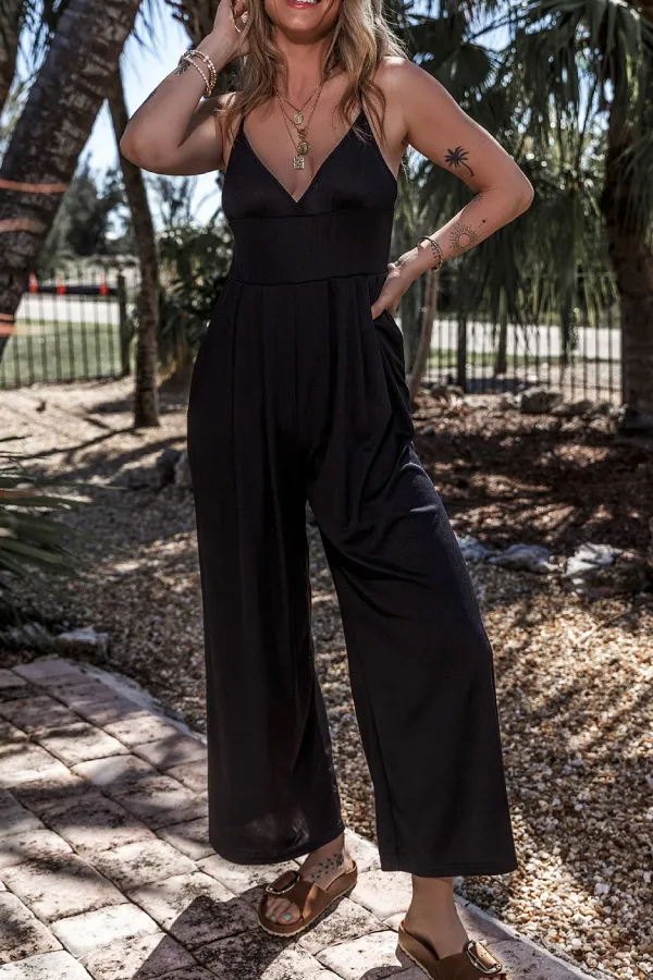 Black Sexy Cami V Neck High Waist Wide Leg Jumpsuit