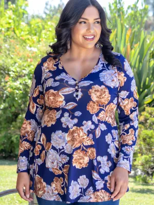 Blue Floral Long Sleeve V Neck Plus Size Tunic Top