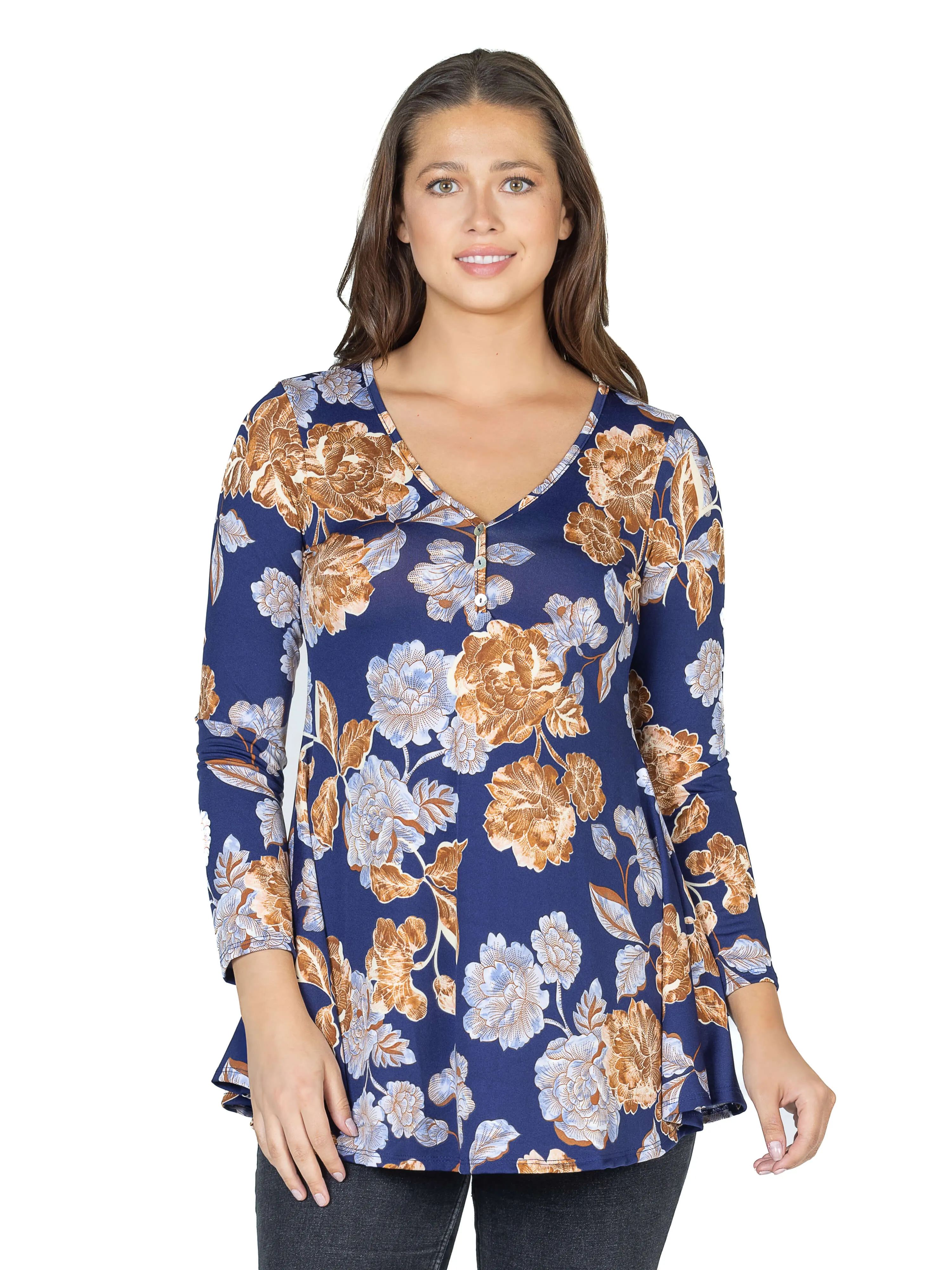 Blue Floral Long Sleeve V Neck Tunic Top