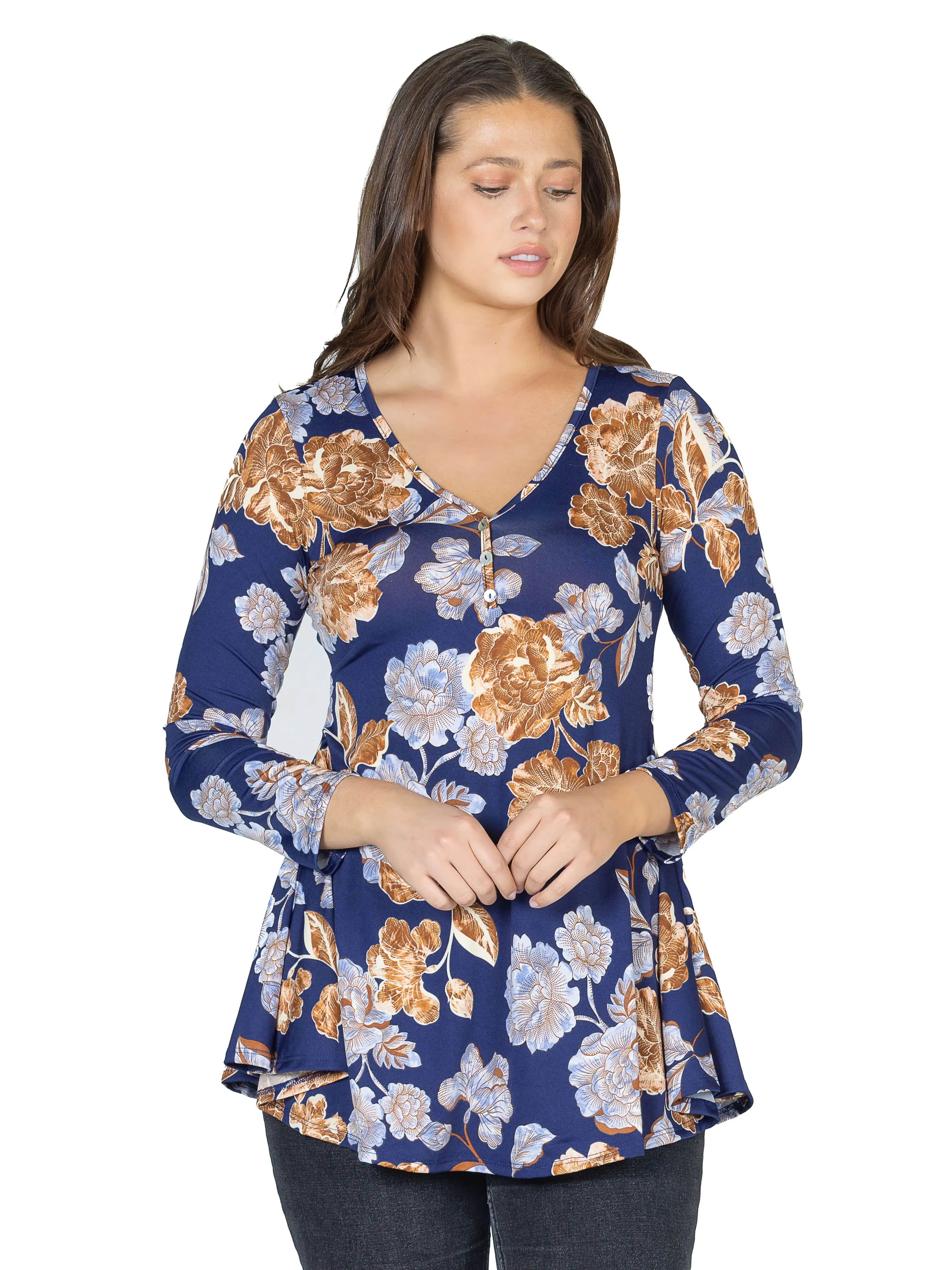 Blue Floral Long Sleeve V Neck Tunic Top