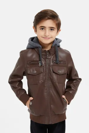 Boys Brown Hooded Biker Jacket