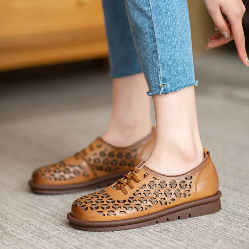 Cut Out Oxfords For Summer Soft Leather Lace up Flats in Beige/Green/Yellow