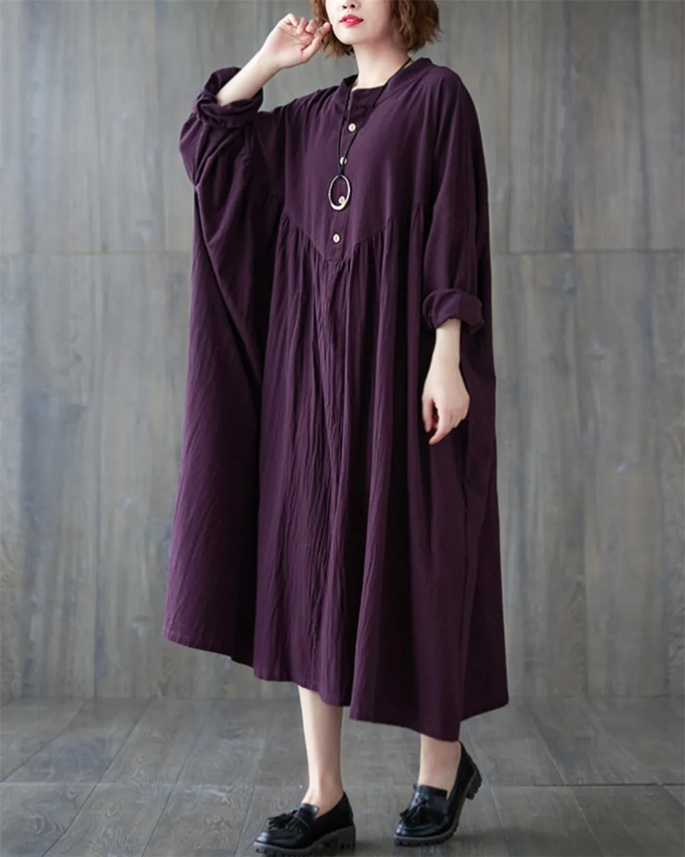 ellazhu Women's Baggy Vintage Lantern Sleeve Pullover Pleated Hem Dress GZ50