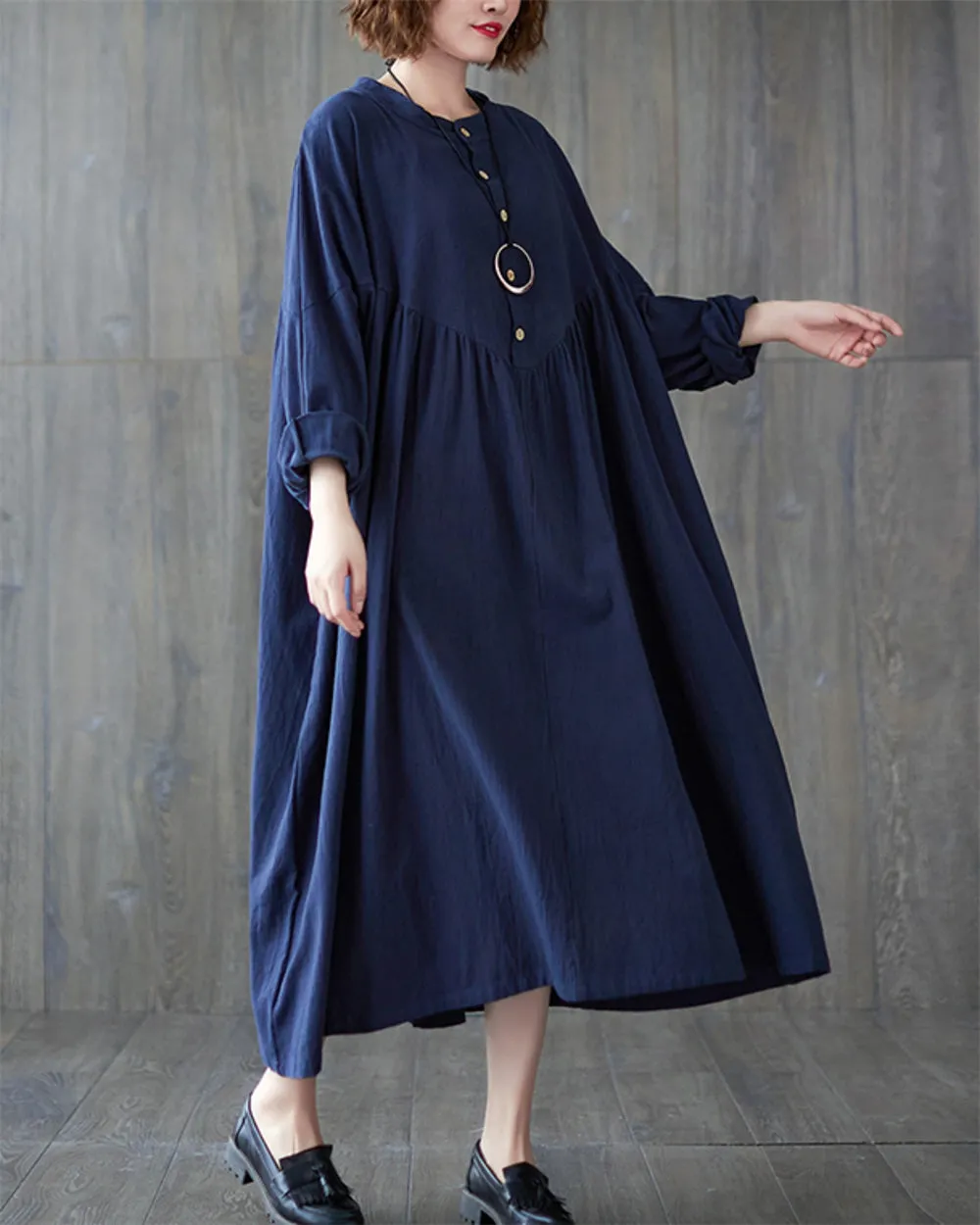 ellazhu Women's Baggy Vintage Lantern Sleeve Pullover Pleated Hem Dress GZ50