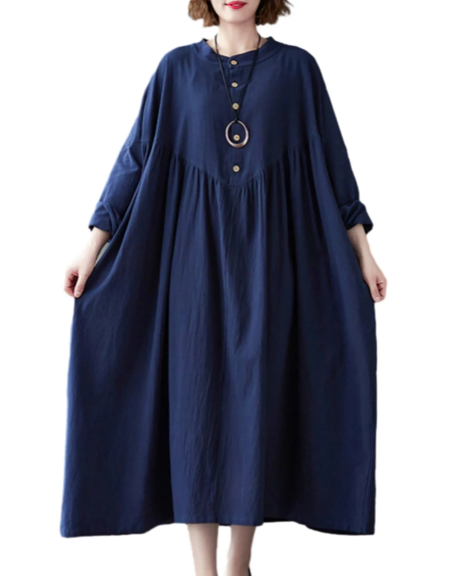 ellazhu Women's Baggy Vintage Lantern Sleeve Pullover Pleated Hem Dress GZ50