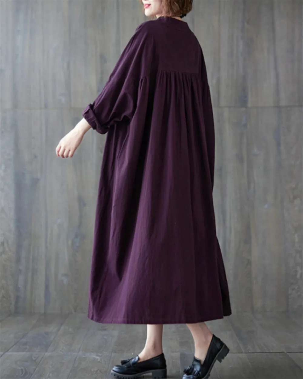 ellazhu Women's Baggy Vintage Lantern Sleeve Pullover Pleated Hem Dress GZ50