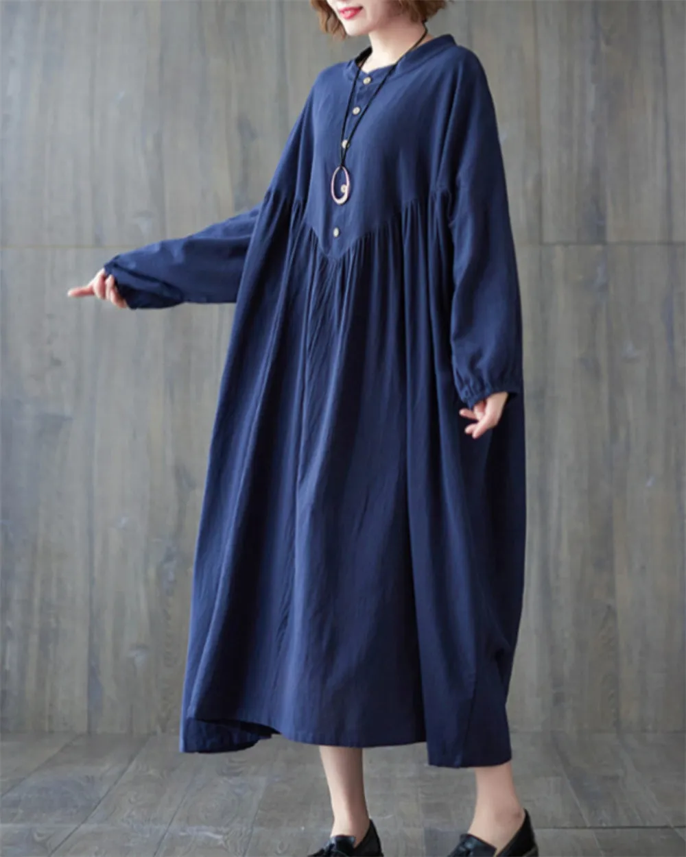 ellazhu Women's Baggy Vintage Lantern Sleeve Pullover Pleated Hem Dress GZ50