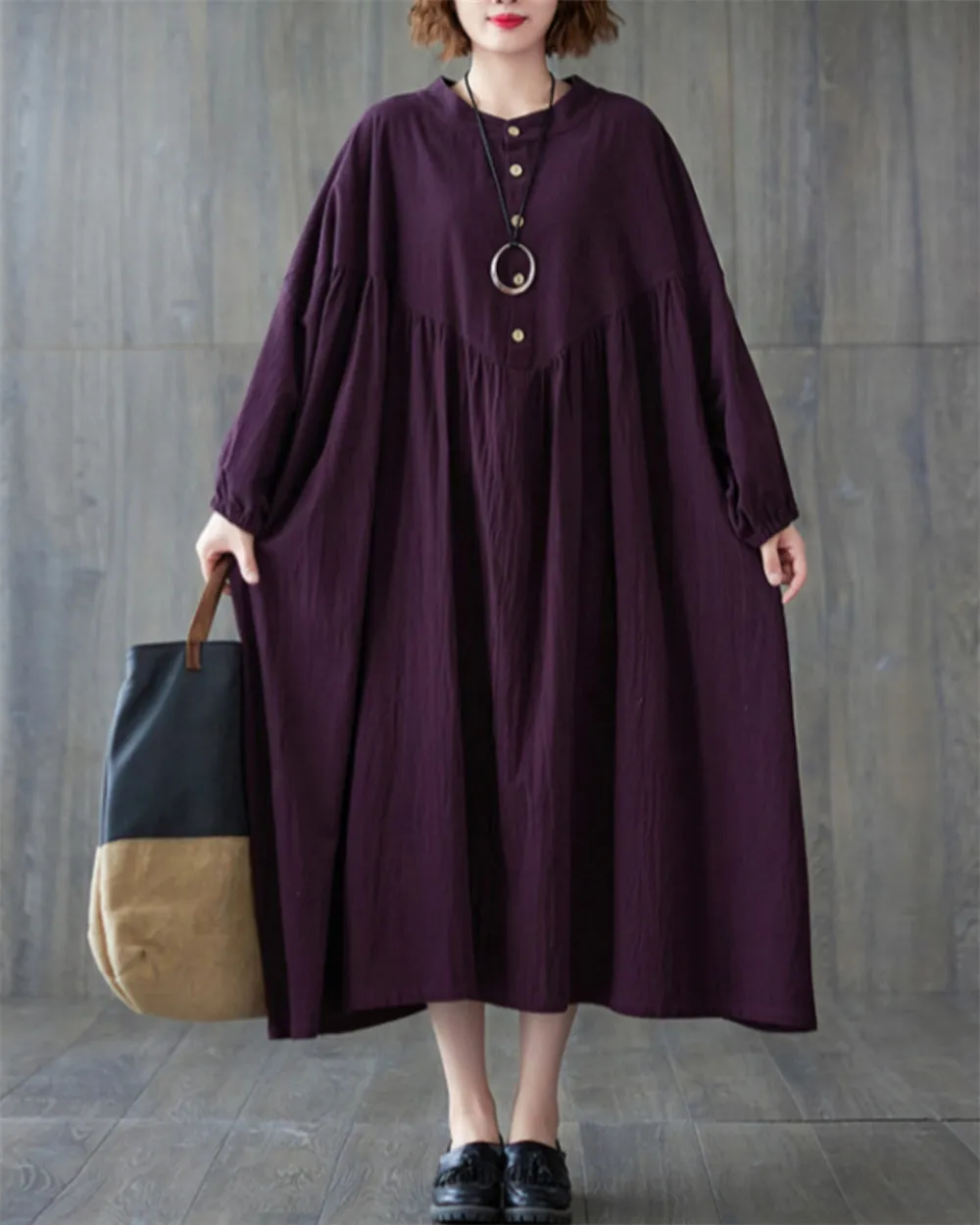 ellazhu Women's Baggy Vintage Lantern Sleeve Pullover Pleated Hem Dress GZ50