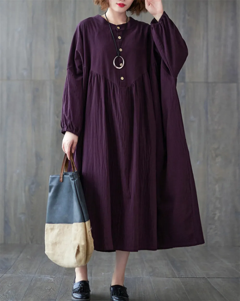 ellazhu Women's Baggy Vintage Lantern Sleeve Pullover Pleated Hem Dress GZ50