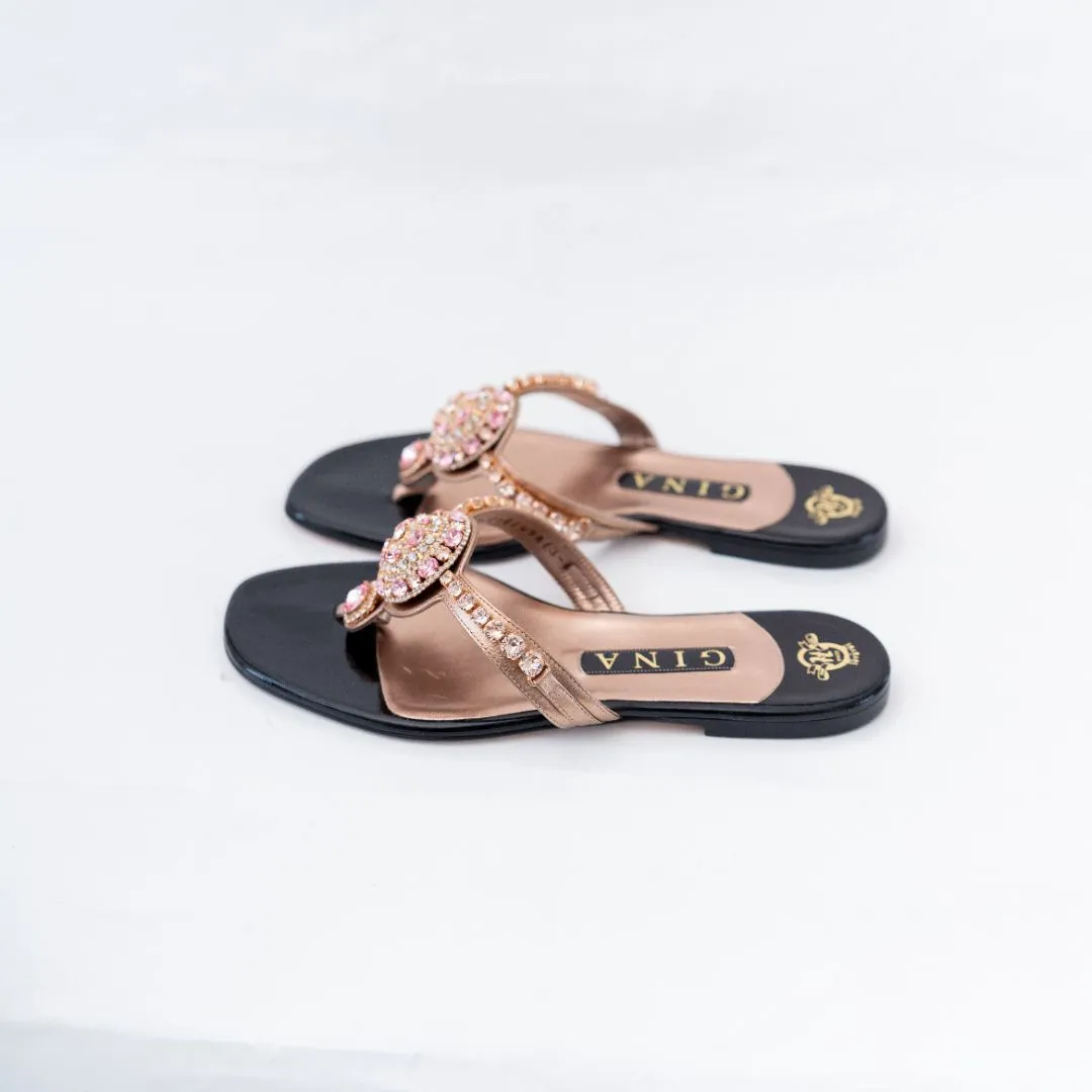 Gina Metallic Rose Gold Crystal Embellished Thong Flat Slides, 6