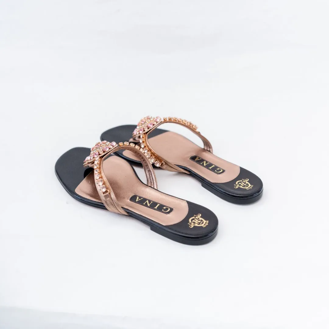 Gina Metallic Rose Gold Crystal Embellished Thong Flat Slides, 6