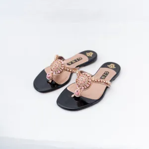 Gina Metallic Rose Gold Crystal Embellished Thong Flat Slides, 6