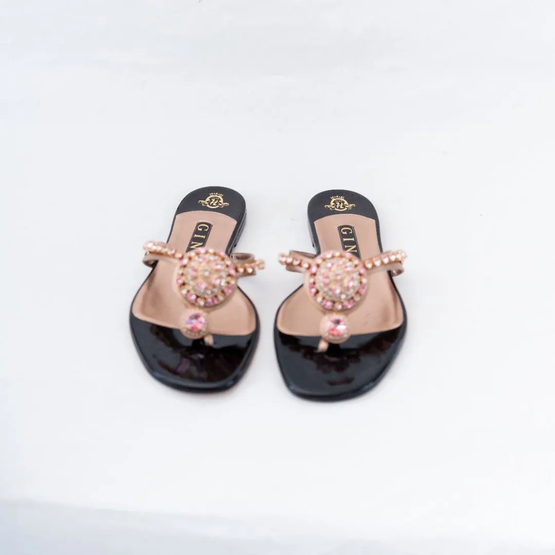 Gina Metallic Rose Gold Crystal Embellished Thong Flat Slides, 6