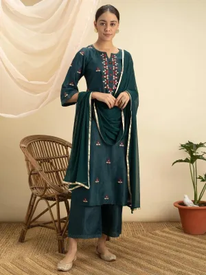 Green Embroidered Silk Straight Kurta With Palazzos & Dupatta