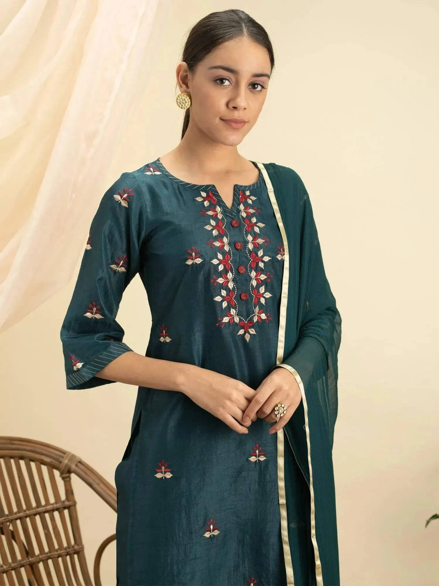 Green Embroidered Silk Straight Kurta With Palazzos & Dupatta