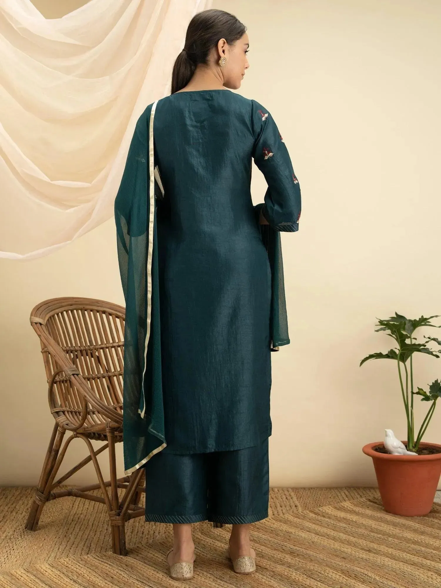 Green Embroidered Silk Straight Kurta With Palazzos & Dupatta