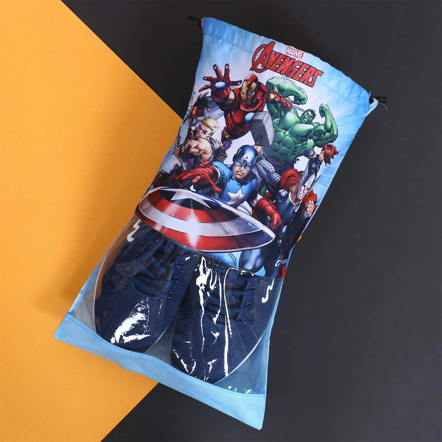 Heart Home Marvel Avengers Print Shoe Cover| Non-Woven Dust Proof Shoe Bag|Drawstring Sneakers Organizer & Transparent Front,Pack of 9 (Sky Blue)