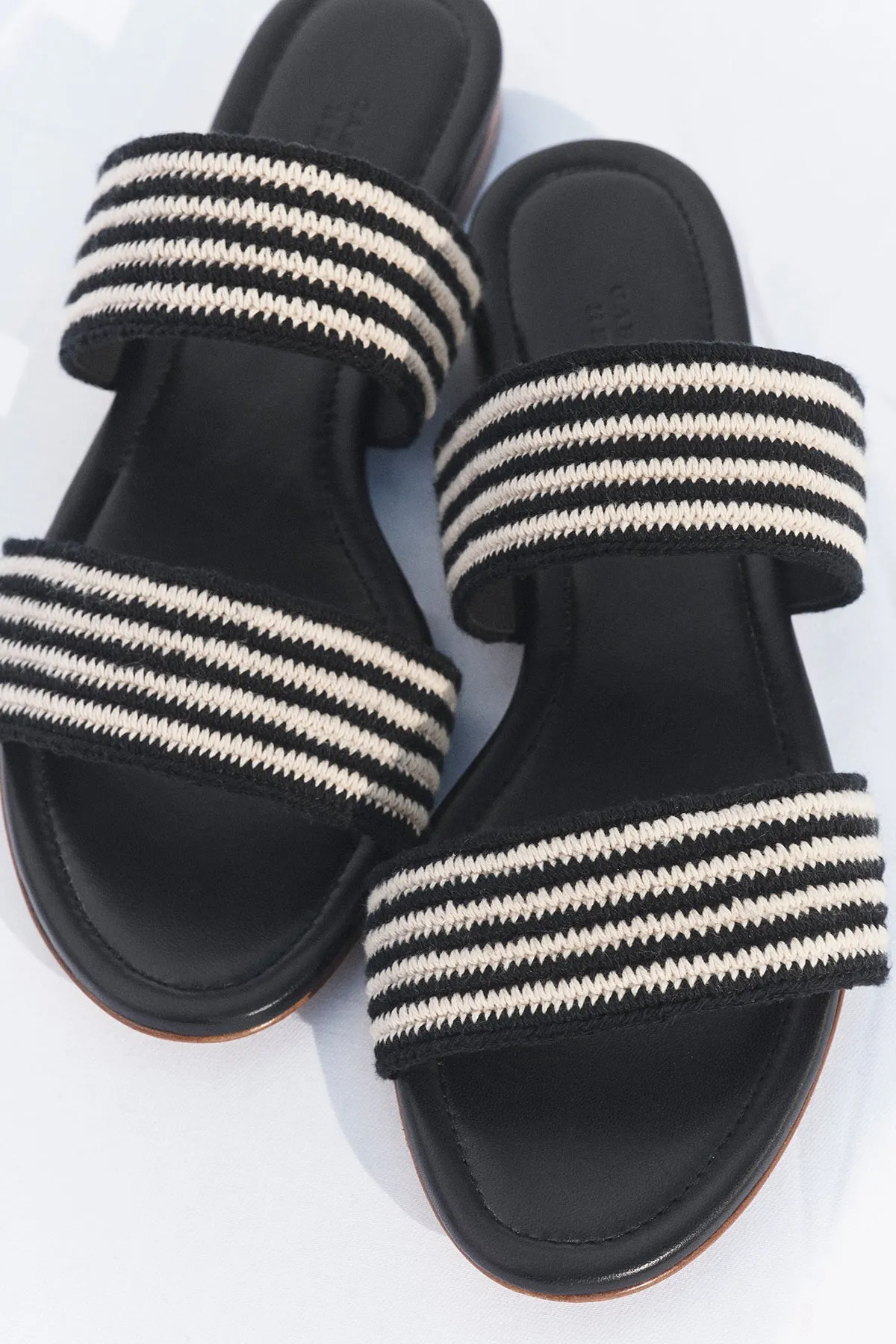 Lora Flat Sandal in Black & White Nappa Leather Crochet