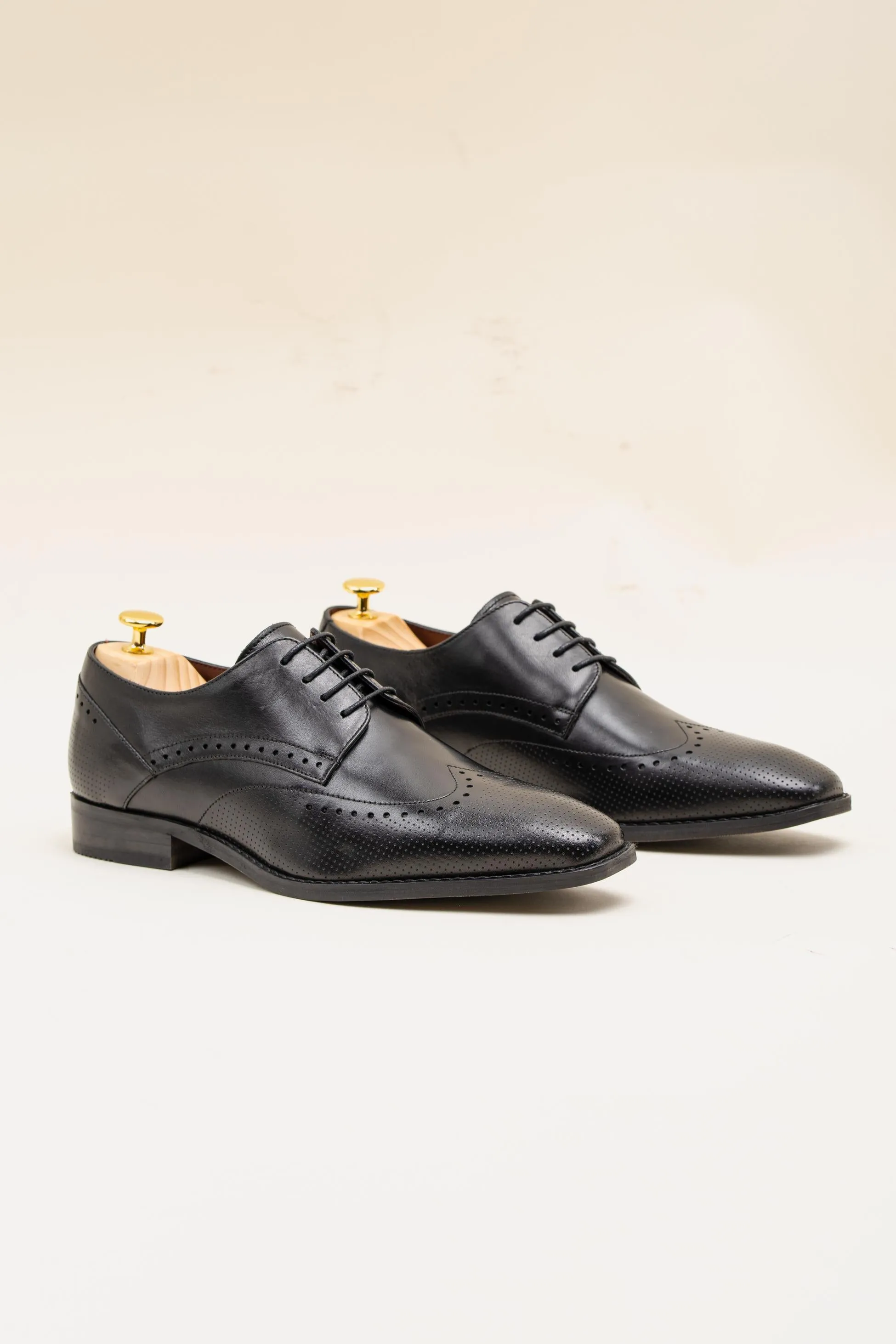 Men's Genuine Leather Derby Brogue Shoes - LISBON Black - Black