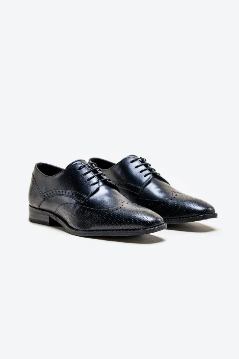 Men's Genuine Leather Derby Brogue Shoes - LISBON Black - Black