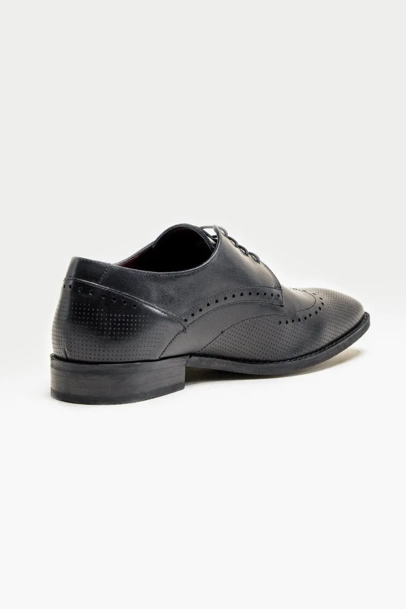 Men's Genuine Leather Derby Brogue Shoes - LISBON Black - Black