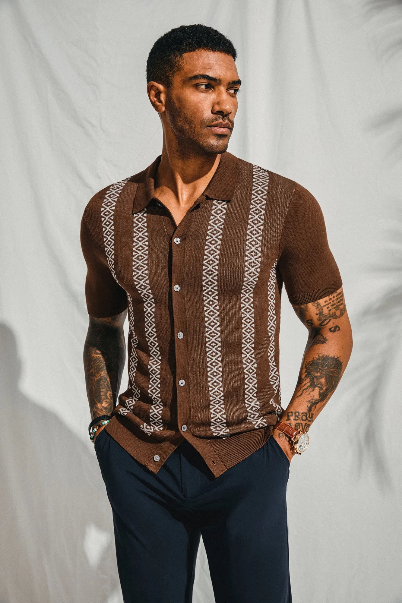 Men's Vintage Polo Short Shirt Geometric Patterns Stripe Knit Casual Shirts