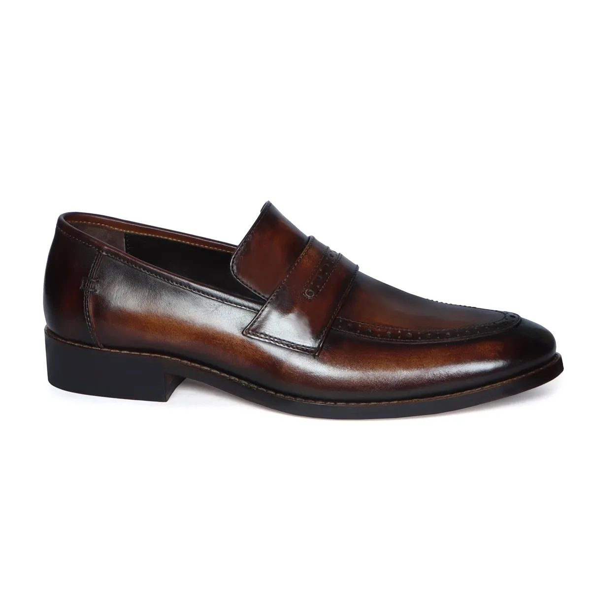 Patina Finish Leather Loafer with Brush Stroke Punching Apron Toe