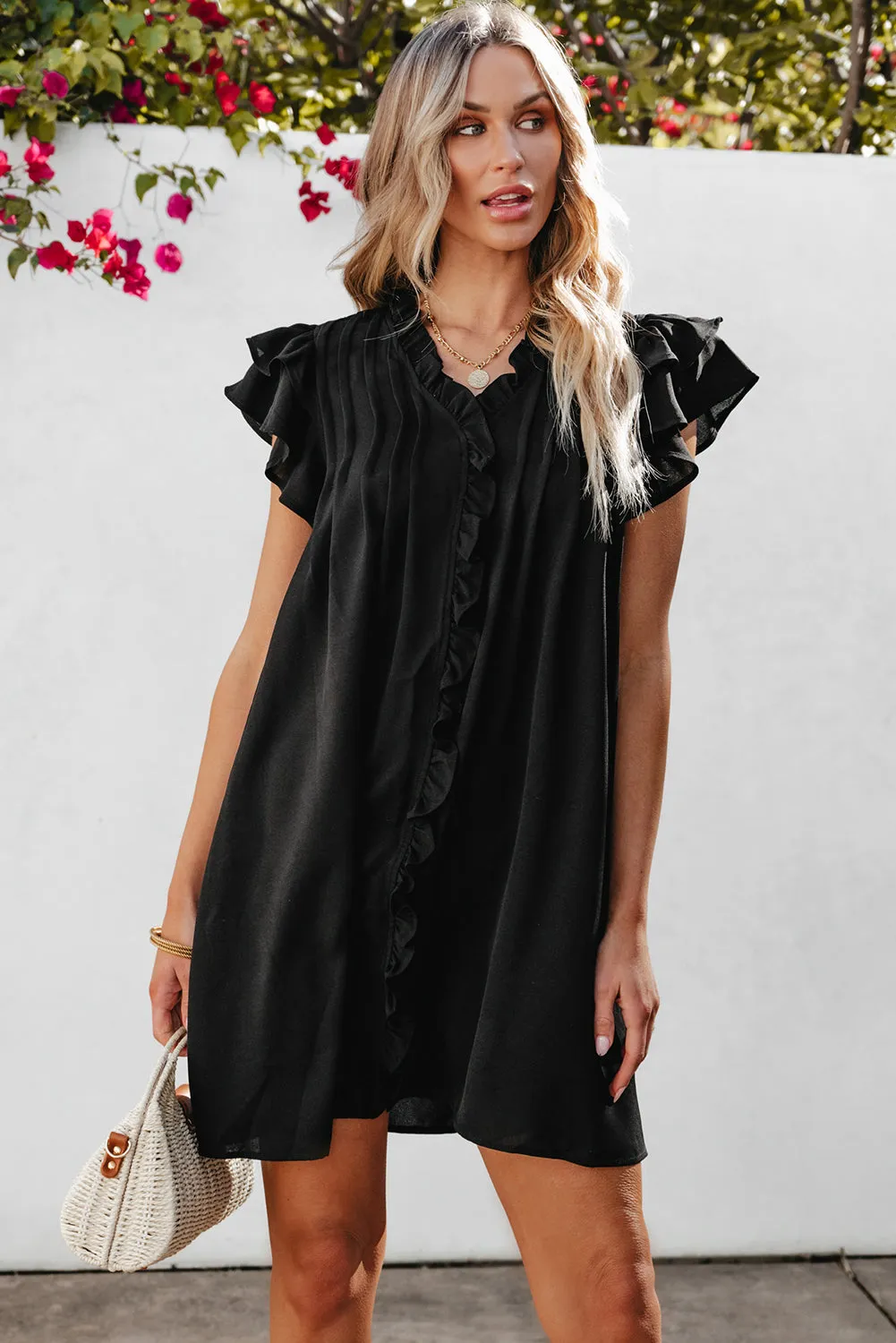 Pearl Ruffle Sleeve V Neck Frilled Shift Dress