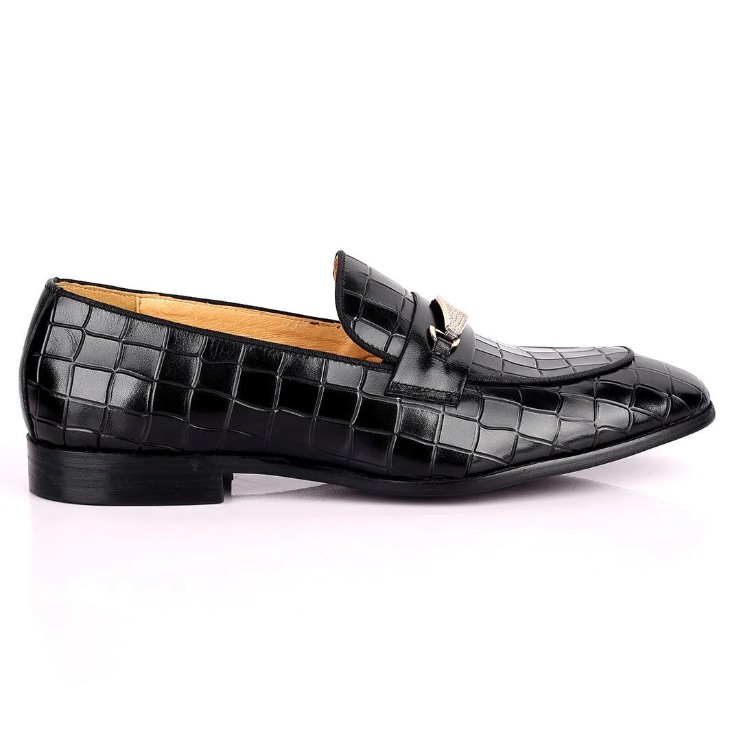 Prad Superlative Croc Leather With Gold Designed Shoe - Black