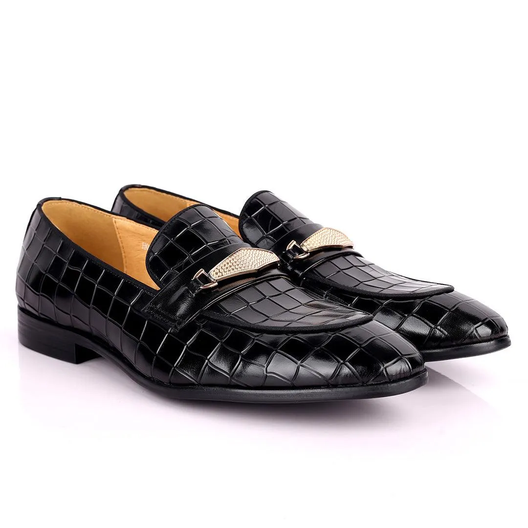 Prad Superlative Croc Leather With Gold Designed Shoe - Black