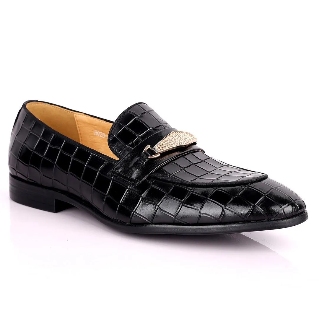 Prad Superlative Croc Leather With Gold Designed Shoe - Black