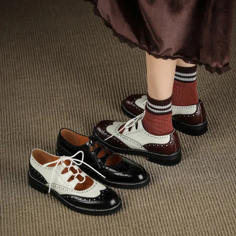 Retro Lace Up Leather Shoes Round Toe Brogue Oxford Shoes in Black/Brown/White