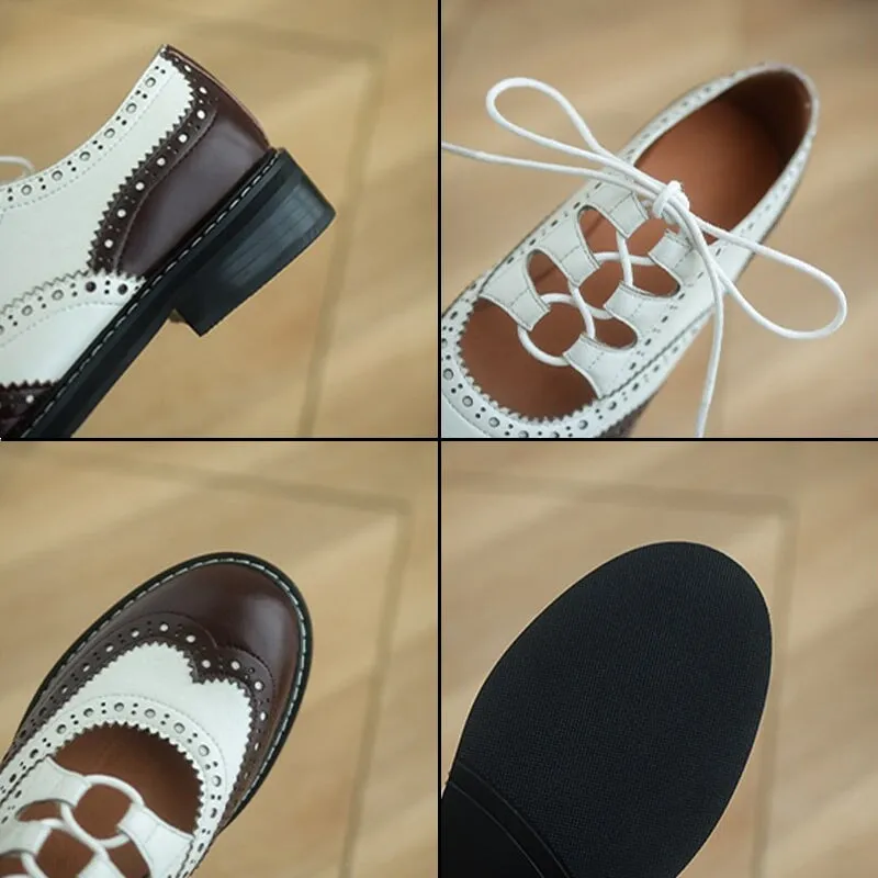 Retro Lace Up Leather Shoes Round Toe Brogue Oxford Shoes in Black/Brown/White