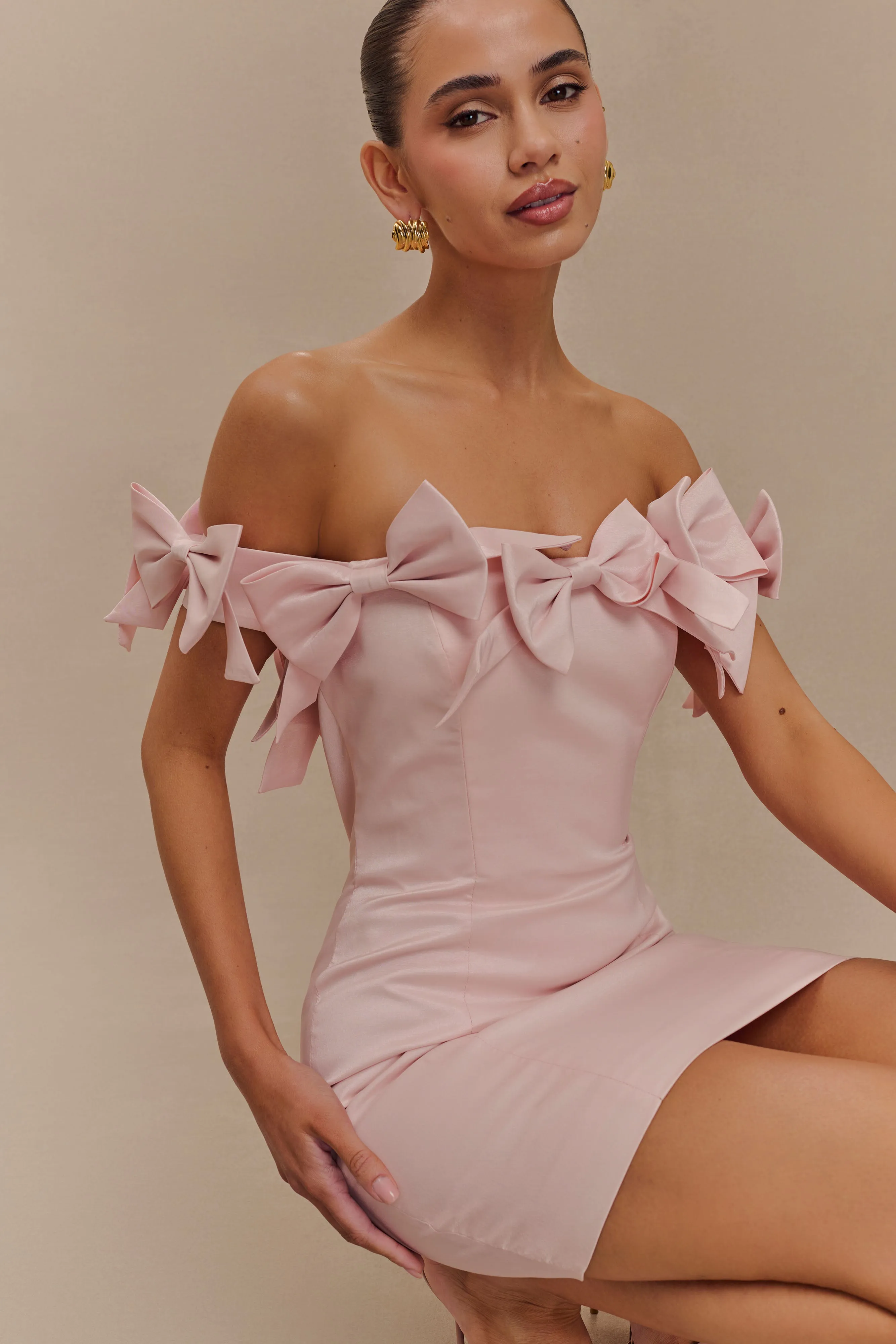 Rose Strapless Bow Mini Dress - Powder Pink