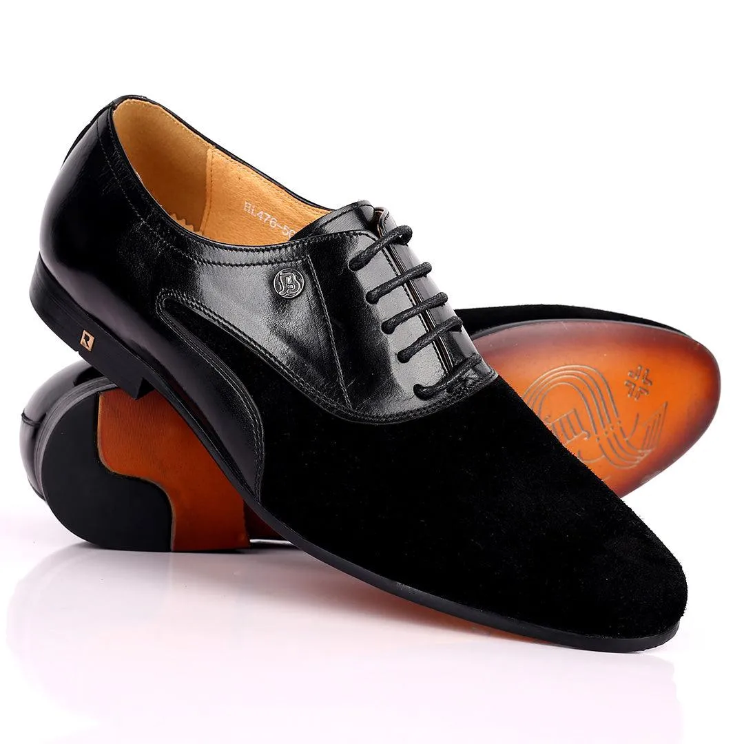 Ross Exquisite Half Suede Designed Lace up Leather Shoe - Black