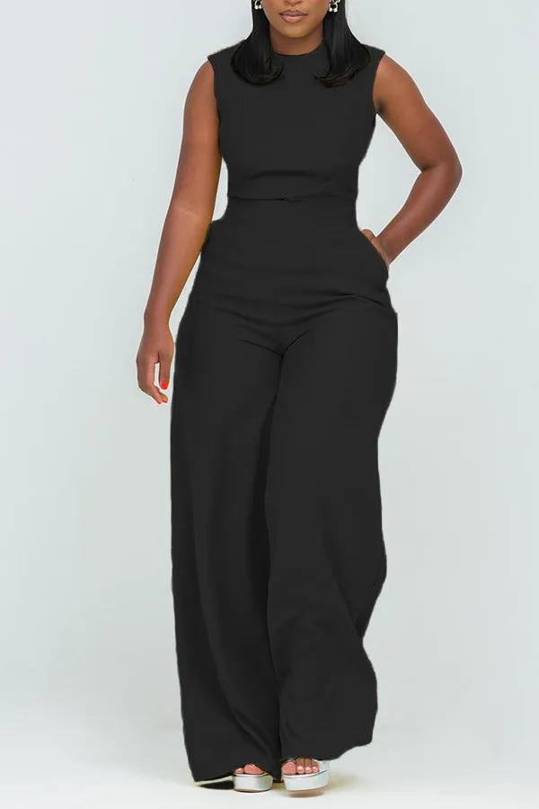 Stylish Round Neck Slant Pocket Jumpsuit