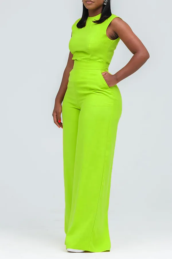 Stylish Round Neck Slant Pocket Jumpsuit