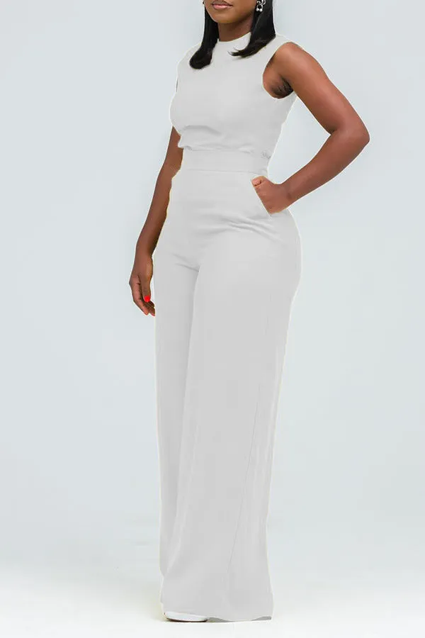 Stylish Round Neck Slant Pocket Jumpsuit