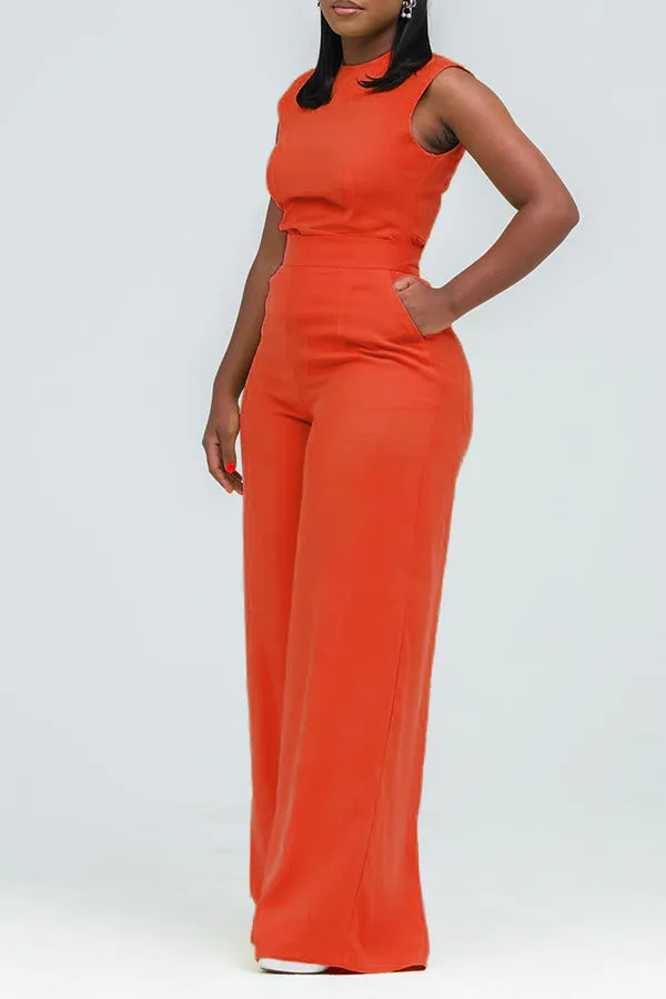 Stylish Round Neck Slant Pocket Jumpsuit