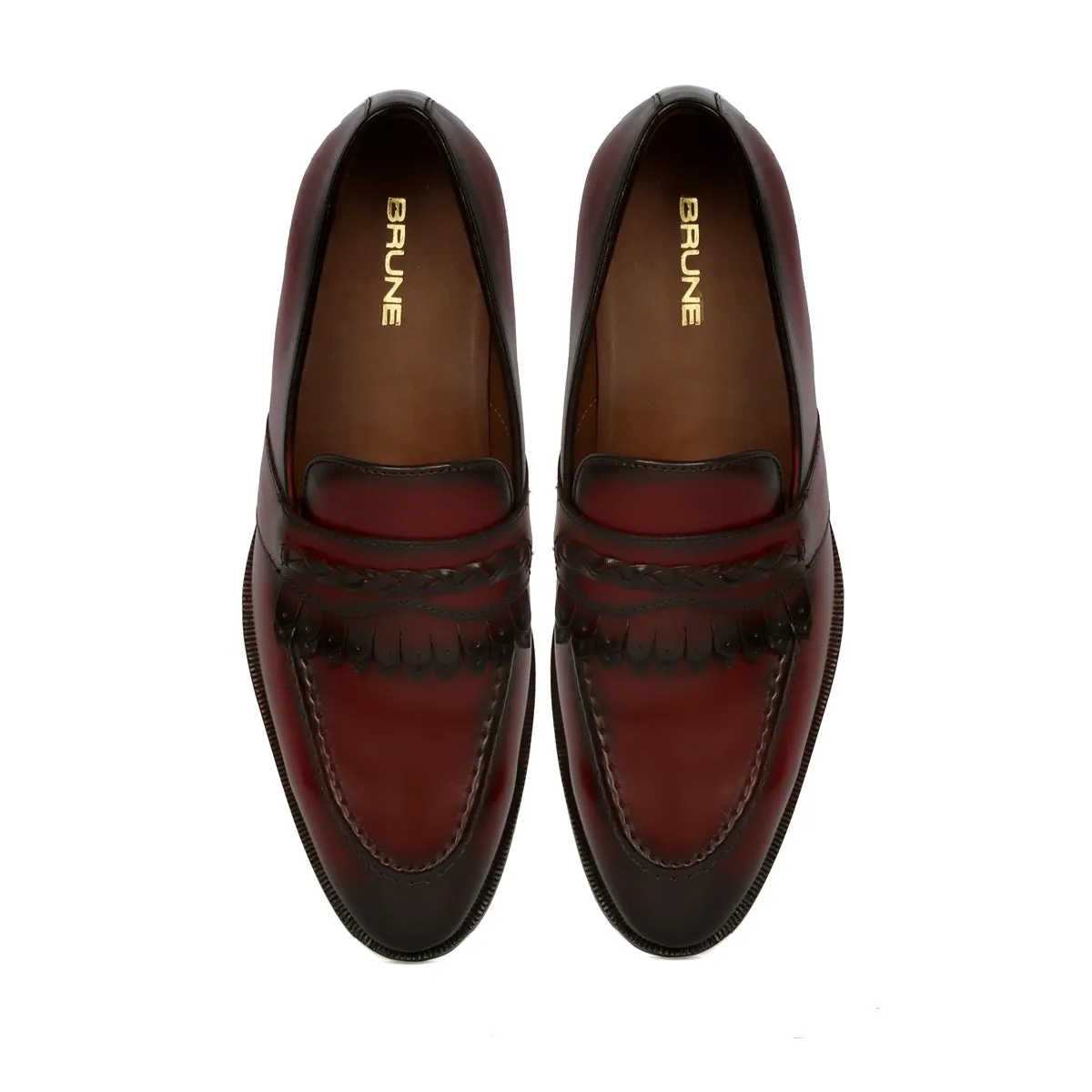 Wine Leather Slip-On Loafers with Dual Fringes Weaved Strip By Brune & Bareskin