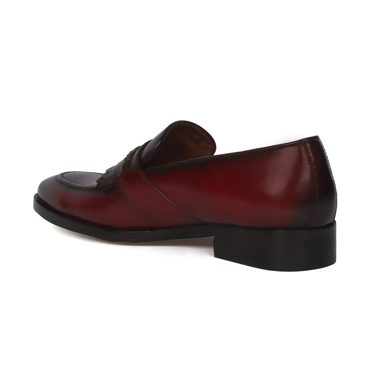 Wine Leather Slip-On Loafers with Dual Fringes Weaved Strip By Brune & Bareskin