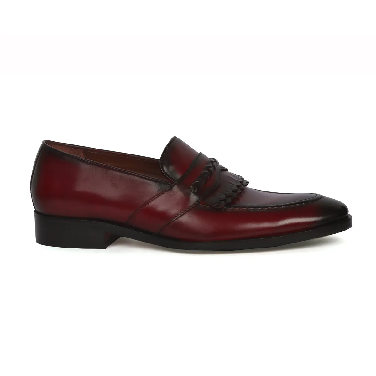 Wine Leather Slip-On Loafers with Dual Fringes Weaved Strip By Brune & Bareskin