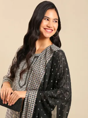 Women Graphic Grey Straight Kurta Set with Dupatta