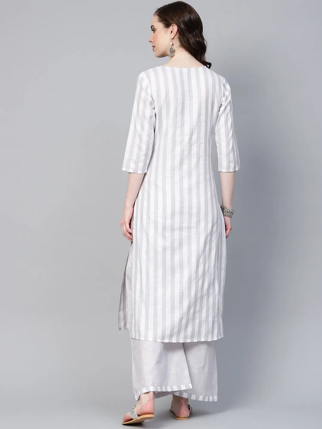 Women Grey & White Striped Kurta Set