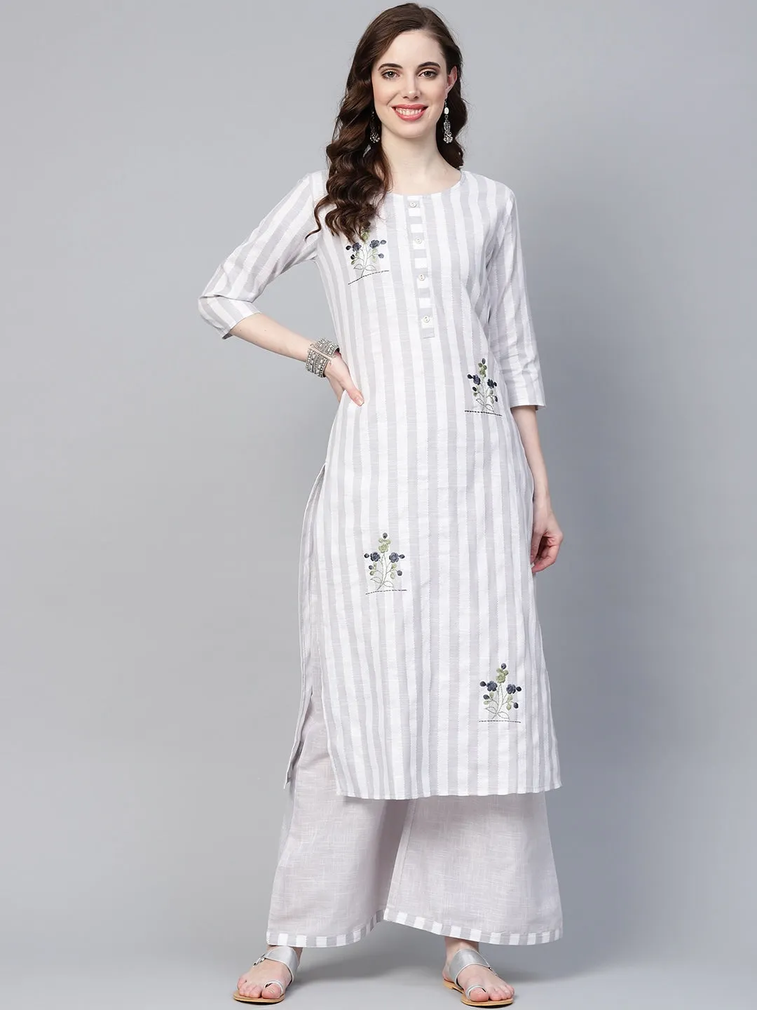 Women Grey & White Striped Kurta Set