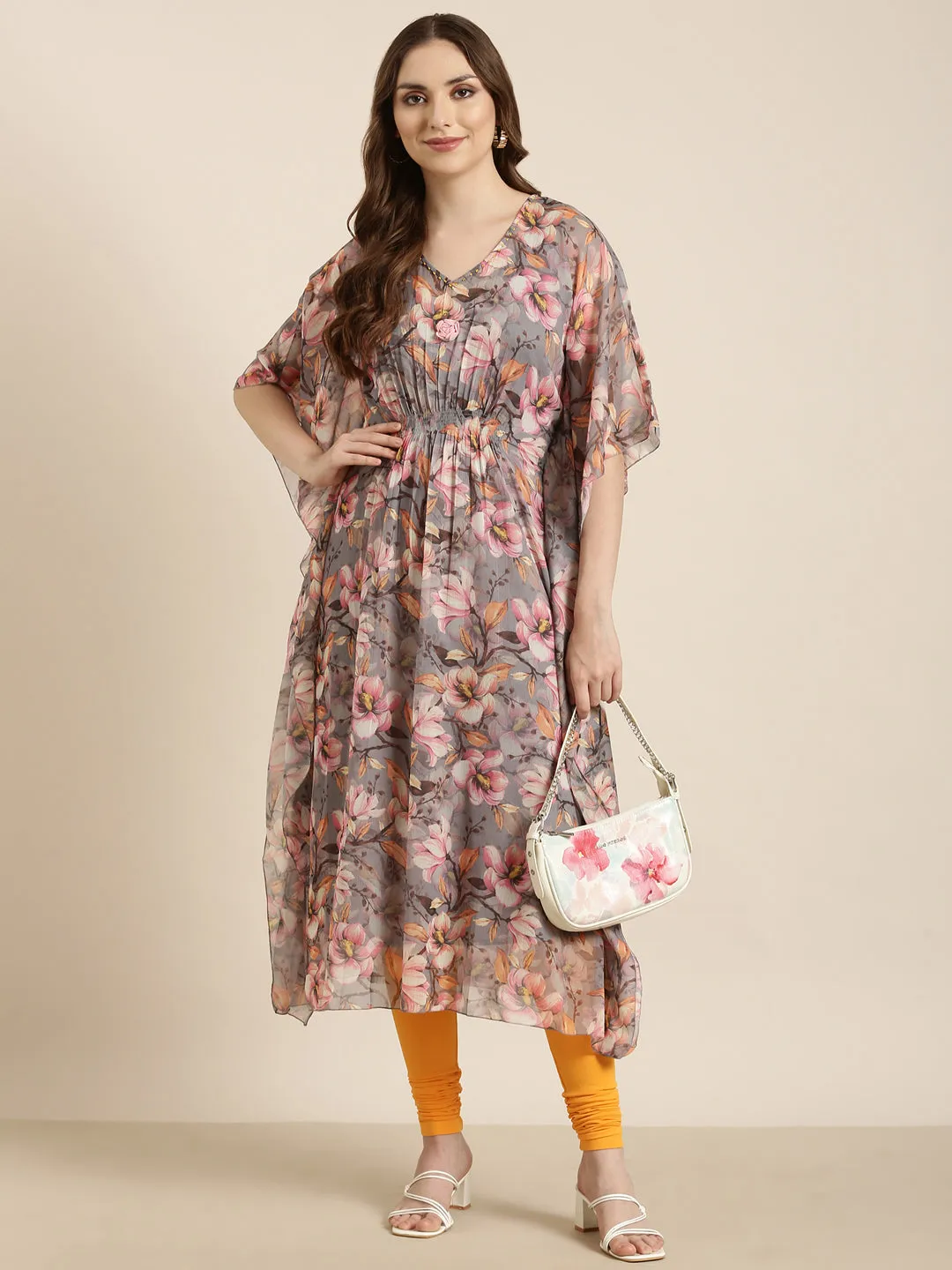 Women Kaftan Grey Floral Kurta Comes With Detachable Inner Lining